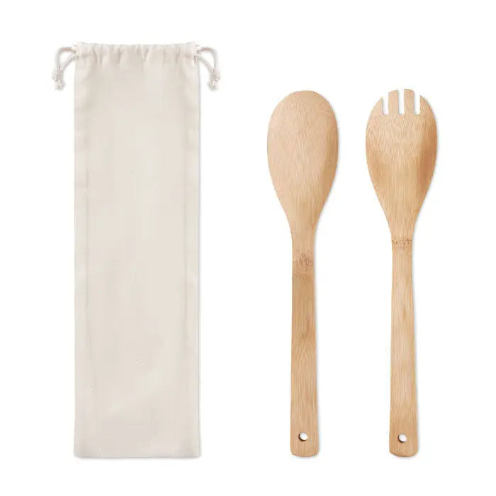 Set ustensile din bambus de culoare deschisa pentru salata cu saculet de depozitare cu snur asortat