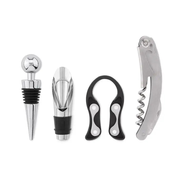 Set vin 4 buc in suport din lemn cu deschizator de vin argintiu si negru si accesorii metalice pentru sticla