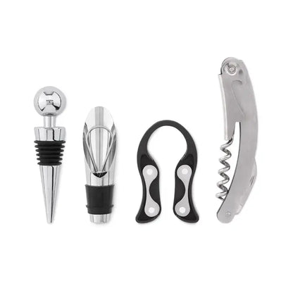 Set vin 4 buc in suport din lemn cu deschizator de vin argintiu si negru si accesorii metalice pentru sticla
