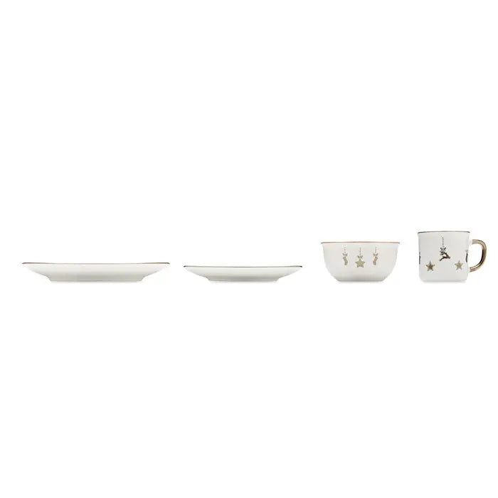 Setul ceramic din 4 piese cu cana alba din portelan decorata cu stea si ren auriu si margine aurie