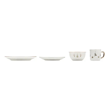 Setul ceramic din 4 piese cu cana alba din portelan decorata cu stea si ren auriu si margine aurie