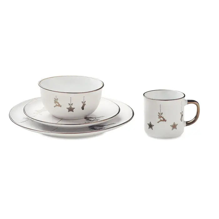 Setul ceramic din 4 piese cu motive festive reni si stele metalice argintii si bronz, cu margini aurii elegante