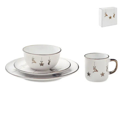 Setul ceramic din 4 piese alb cu modele festive de reni si stele aurii si cana cu toarta maro