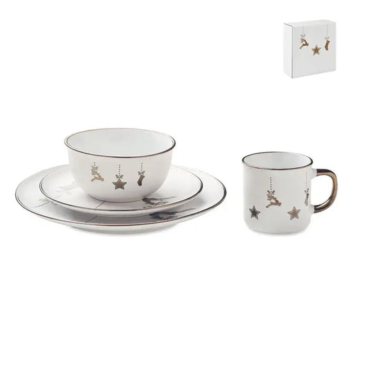 Setul ceramic din 4 piese alb cu modele festive de reni si stele aurii si cana cu toarta maro