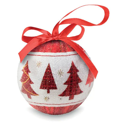 Sfera de Craciun rosie si alba cu pini si fulgi de zapada sclipitori legata cu panglica rosie in cutie de cadou