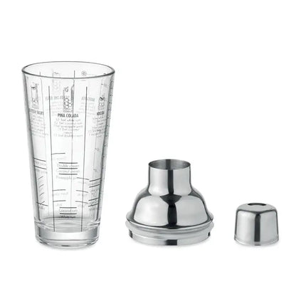 Shaker de cocktail din sticla transparenta de 400 ml cu marcaje gravate si capac inox stralucitor