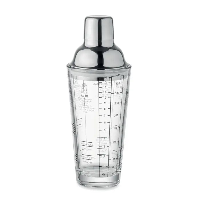 Shaker de cocktail din sticla transparenta 400 ml cu capac inox stralucitor si marcaje pentru masurare