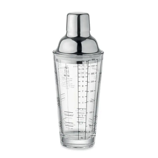 Shaker de cocktail din sticla transparenta 400 ml cu capac inox stralucitor si marcaje pentru masurare
