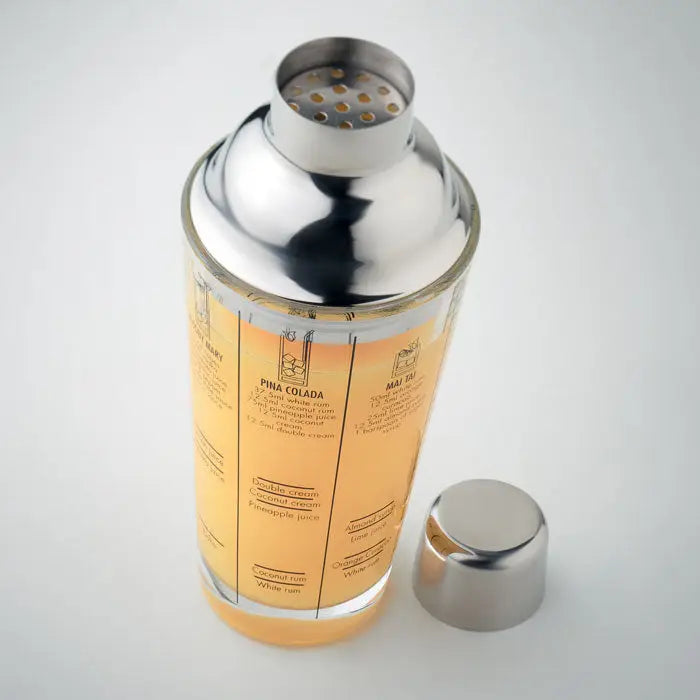 Shaker de cocktail din sticla 400 ml din otel inoxidabil cu eticheta orange si retete de bauturi si masuratori