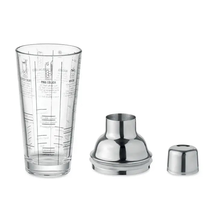 Shaker de cocktail din sticla transparenta de 400 ml cu marcaje gravate si capac din inox stralucitor