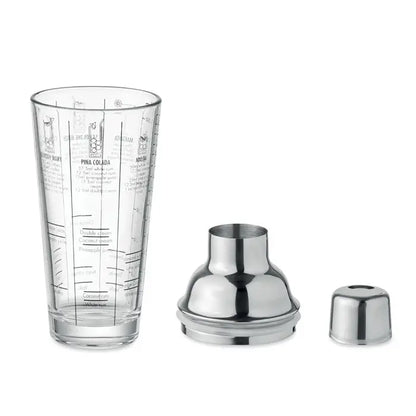 Shaker de cocktail din sticla transparenta de 400 ml cu marcaje gravate si capac din inox stralucitor