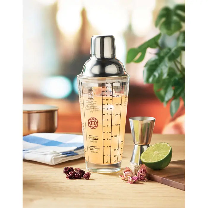 Shaker de cocktail din sticla 400 ml cu corp transparent, inox si marcaje de masurare