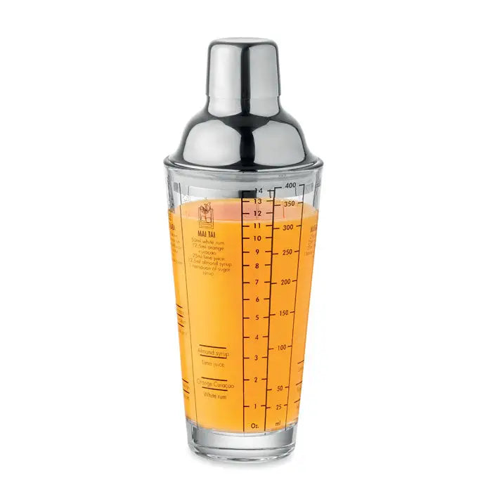 Shaker de cocktail din sticla transparenta de 400 ml cu capac inox si marcaje pentru masurare
