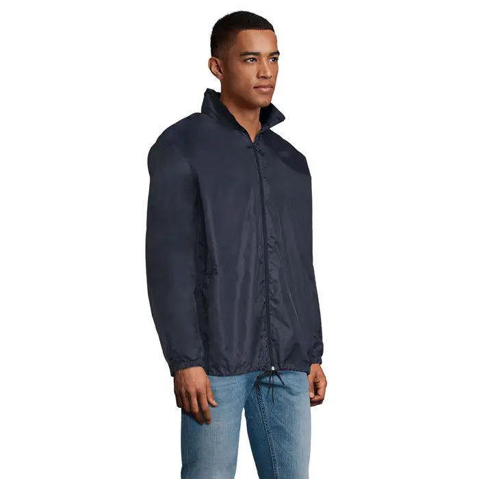 Windbreaker unisex supravent shift din nailon albastru închis cu guler ridicat și manșete elastice