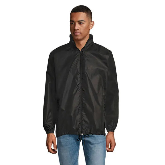 Geaca windbreaker neagra din nailon shift unisex supravent cu guler inalt si fermoar frontal