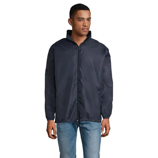 Jachetă windbreaker shift unisex supravent navy închis cu guler înalt și fermoar frontal, ideală pentru protecție