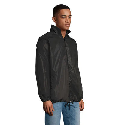 Jachetă windbreaker neagră din nylon shift unisex supravent cu guler înalt și talie cu șnur