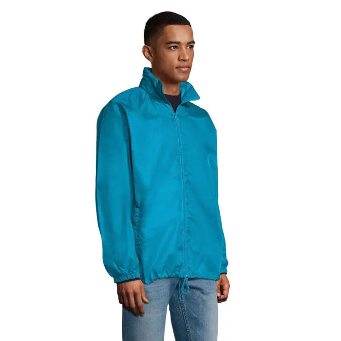 Jachetă unisex teal din nailon shift supravent cu guler înalt și manșete elastice pentru vânt