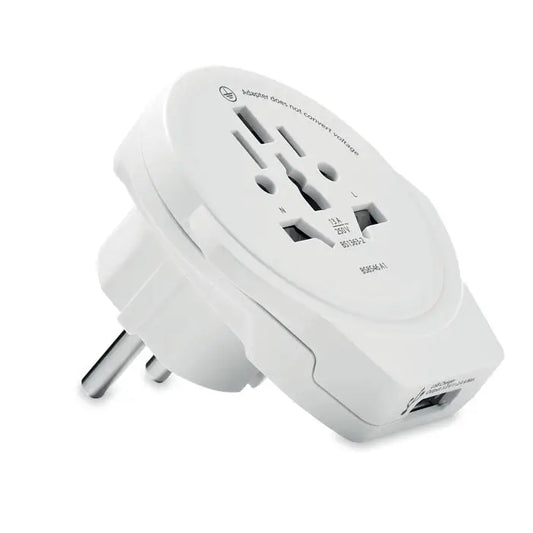 Adaptor universal de călătorie alb Skross world to europe USB 12W din plastic cu multiple configurații de prize și port USB
