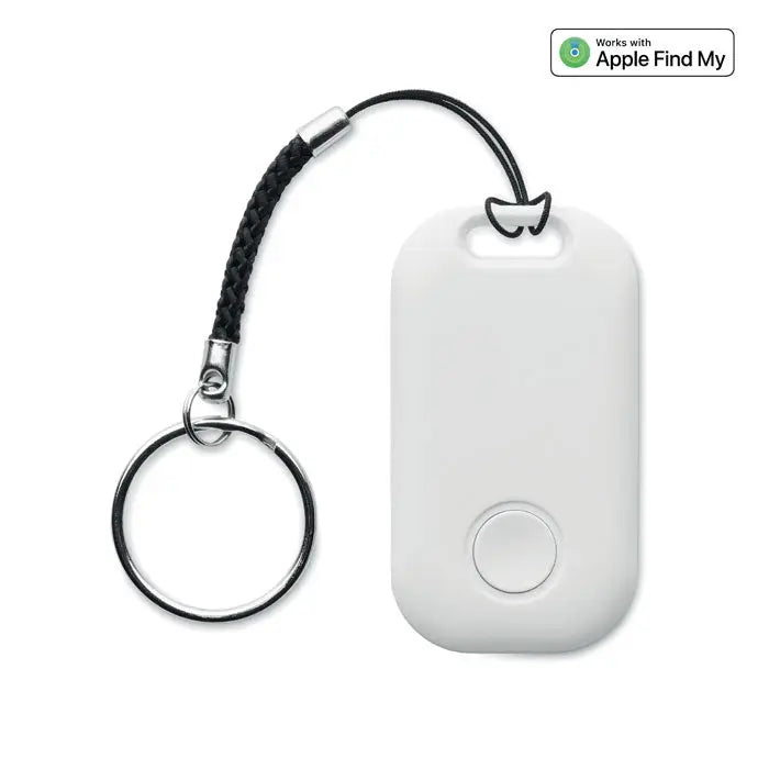 Smart apple find my locator alb dreptunghiular cu buton circular si cablu impletit negru atasat unei inele metalice argintii