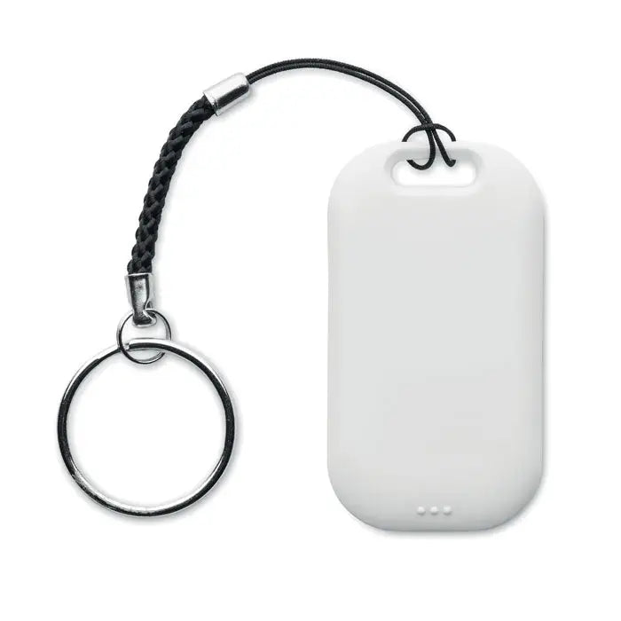 Încărcător portabil alb dreptunghiular cu cablu negru împletit și breloc argintiu pentru smart apple find my locator