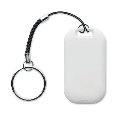 Încărcător portabil alb dreptunghiular cu cablu negru împletit și breloc argintiu pentru smart apple find my locator