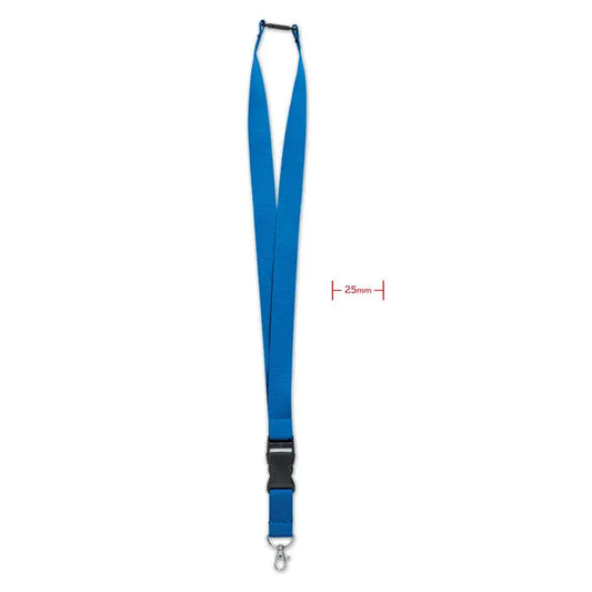 Snur cu carlig metalic 25mm albastru din nylon cu catarama neagra din plastic si carlig metalic argintiu