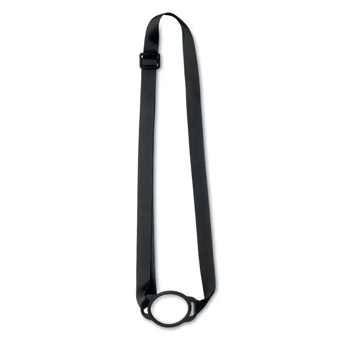 Snur cu suport pentru pahare 6cm din nylon negru cu catarama din plastic si inel circular la capat