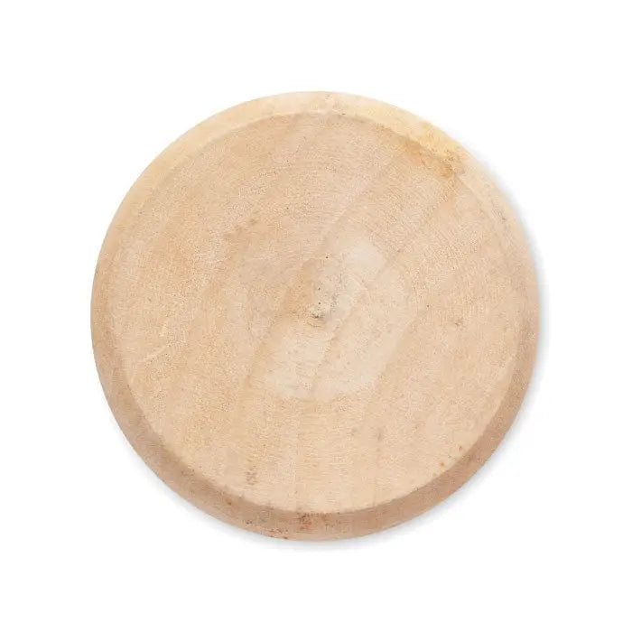 Disc circular din lemn deschis la culoare cu textura vizibila si centru usor ridicat pentru snur de lumini led 5m
