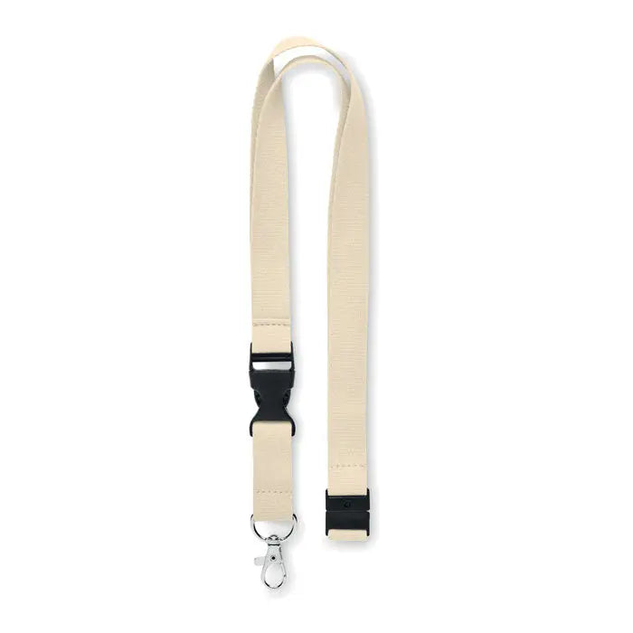 Beige lanyard din bumbac 20mm cu catarama din plastic negru si carlig metalic argintiu