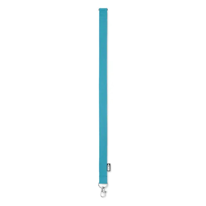 Snur din rpet 20 mm din tesatura albastru teal cu clema metalica argintie si eticheta neagra mica