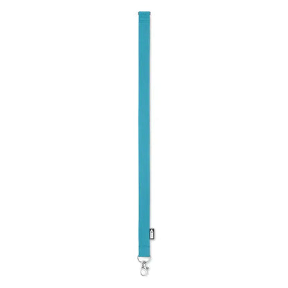 Snur din rpet 20 mm din tesatura albastru teal cu clema metalica argintie si eticheta neagra mica