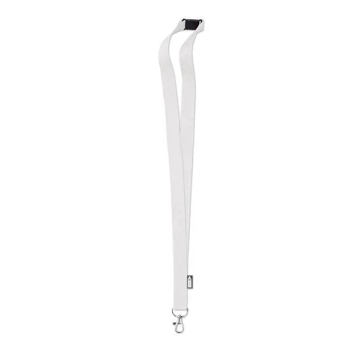 Lanyard alb din rpET de 20 mm cu clips plastic negru si carlig metalic argintiu