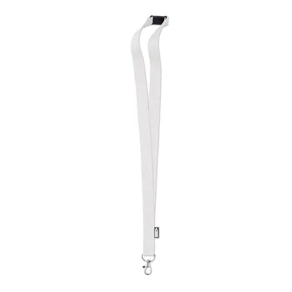 Lanyard alb din rpET de 20 mm cu clips plastic negru si carlig metalic argintiu