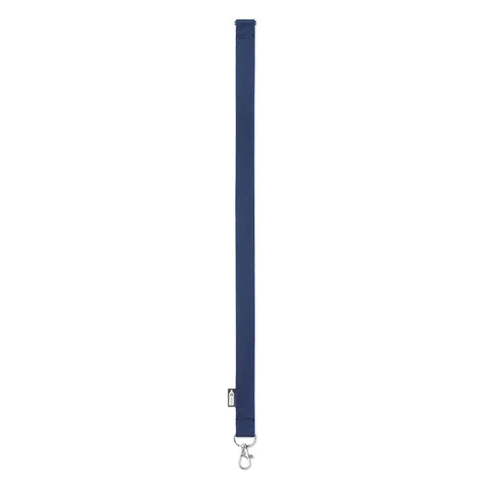 Lanyard bleumarin din rpet de 20 mm cu catarama metalica argintie si eticheta mica aproape de partea superioara