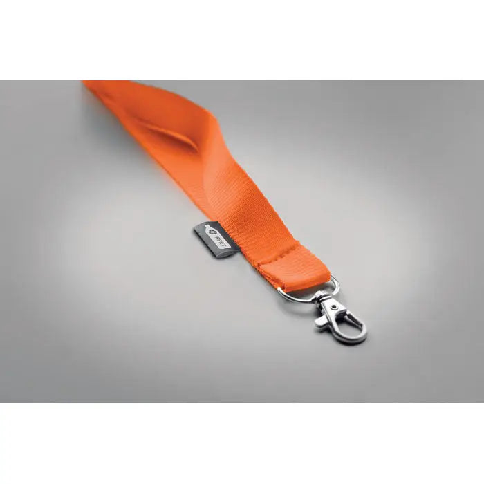 Snur din rpet 20 mm lanyard portocaliu deschis tesut cu carlig metalic argintiu pivotant si eticheta neagra mica