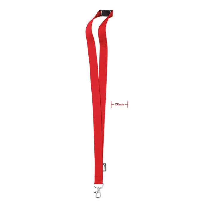 Lanyard rosu din rpET 20 mm cu clema neagra din plastic si carlig metalic argintiu pentru accesorii