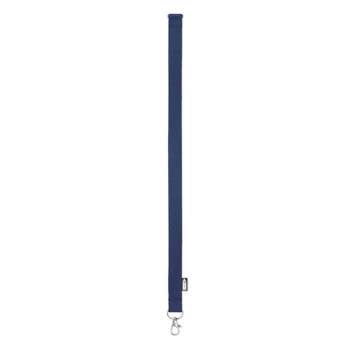 Snur din rpet 20 mm albastru inchis tesut cu clips metalic argintiu si eticheta mica aproape de varf