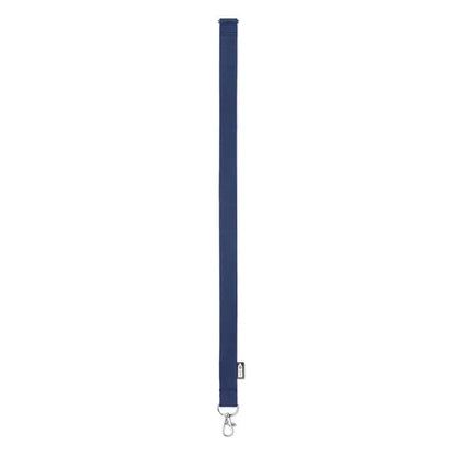 Snur din rpet 20 mm albastru inchis tesut cu clips metalic argintiu si eticheta mica aproape de varf