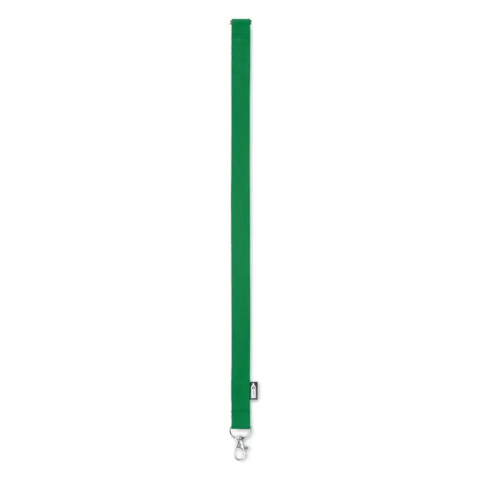 Snur din rpet 20 mm lanyard verde din material reciclat cu clema metalica argintie si eticheta mica la partea superioara