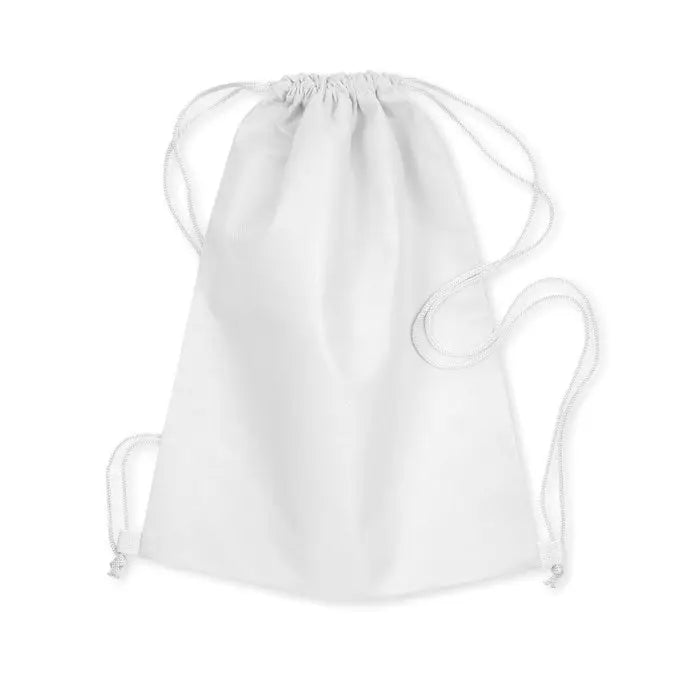 Sac alb cu snur netesut de 80 gr/m² din material moale cu snururi albe si agrafe metalice mici