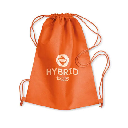 Sac snur netesut de 80 gr m² de culoare portocaliu aprins cu logo alb hybrid 103is si emblema circulara