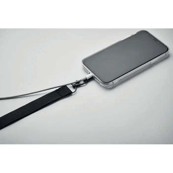 Snur pentru suport telefon negru din material textil cu clema metalica atasat la cablu de incarcare smartphone