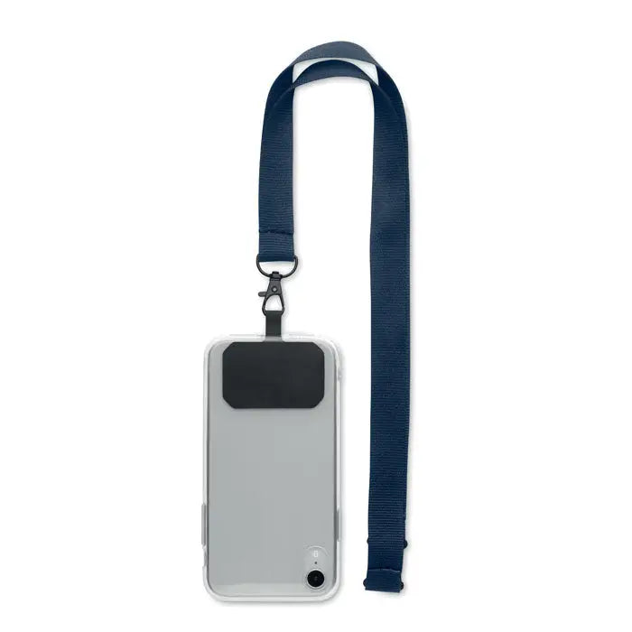 Carcasă telefon transparentă cu panou dreptunghiular negru și curea bleumarin pentru suport telefon
