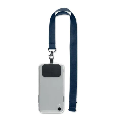 Carcasă telefon transparentă cu panou dreptunghiular negru și curea bleumarin pentru suport telefon