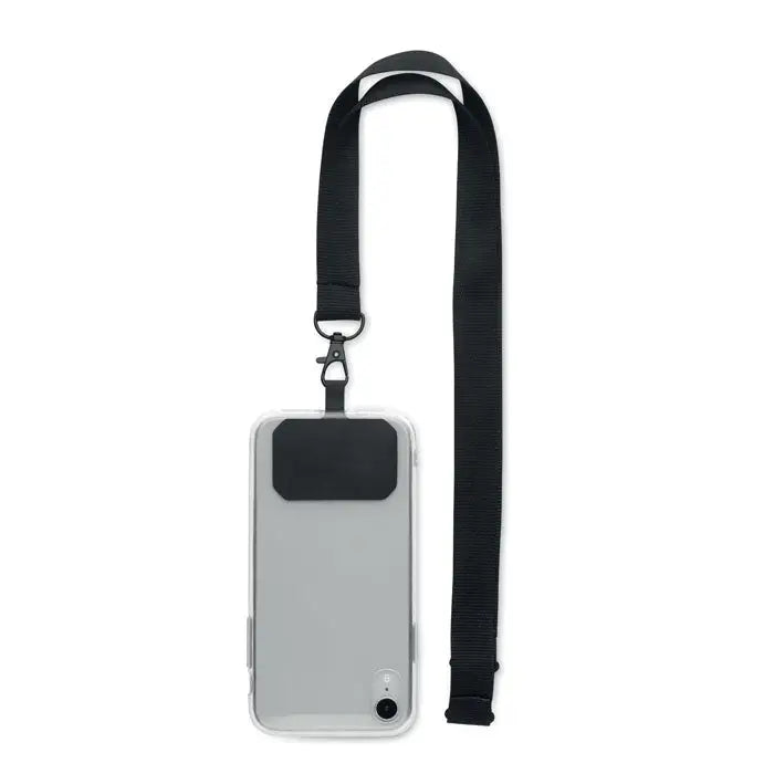 Husa telefon transparenta cu panou negru dreptunghiular si snur atasat pentru suport telefon vazut pe spate