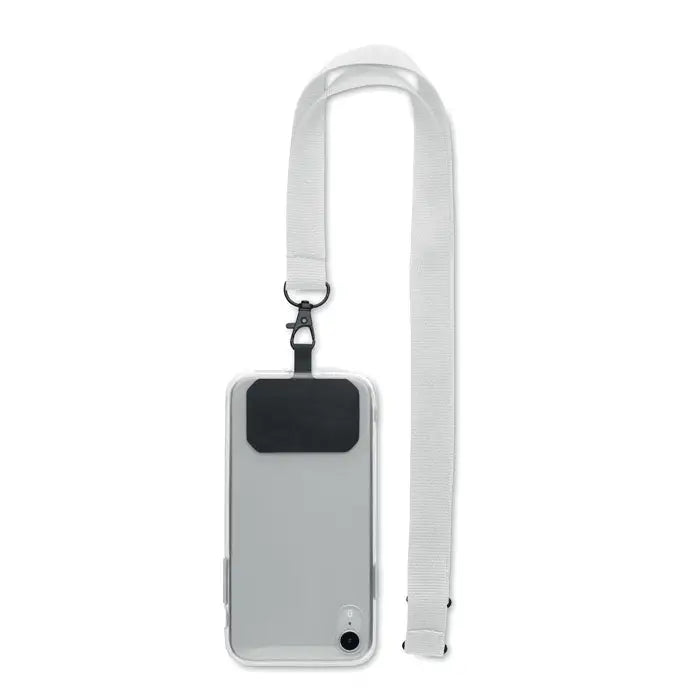 Husa de telefon transparenta cu panou dreptunghiular negru si snur alb pentru suport telefon vedere spate