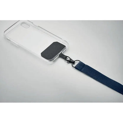 Snur pentru suport telefon cu carcasa transparenta, pad negru texturat si curea bleumarin pentru prindere sigura