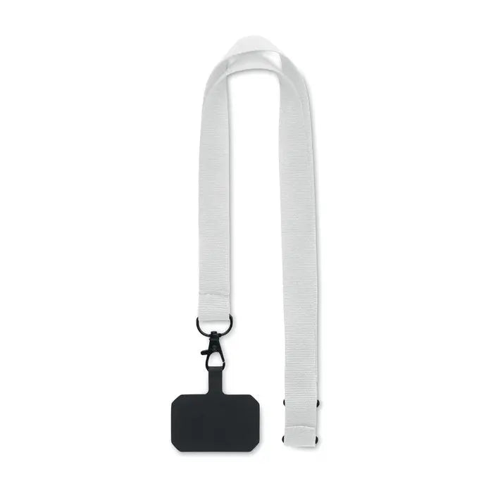 Snur pentru suport telefon alb din nylon cu clips negru din plastic si suport dreptunghiular negru pentru ecuson
