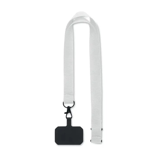Snur pentru suport telefon alb din nylon cu clips negru din plastic si suport dreptunghiular negru pentru ecuson